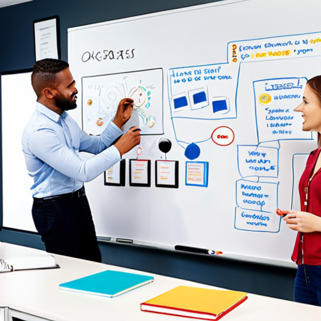 **Image Prompt:** A dynamic team brainstorming session in a modern office, visualizing OKRs connecting company vision to actionable tasks. Include diverse team members actively engaged, whiteboards displaying clear, measurable Key Results, and a motivational atmosphere promoting innovation and shared learning.
