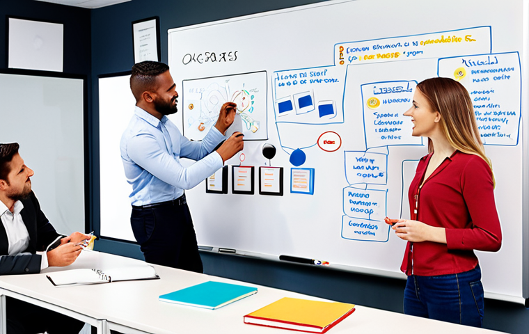 **Image Prompt:** A dynamic team brainstorming session in a modern office, visualizing OKRs connecting company vision to actionable tasks. Include diverse team members actively engaged, whiteboards displaying clear, measurable Key Results, and a motivational atmosphere promoting innovation and shared learning.